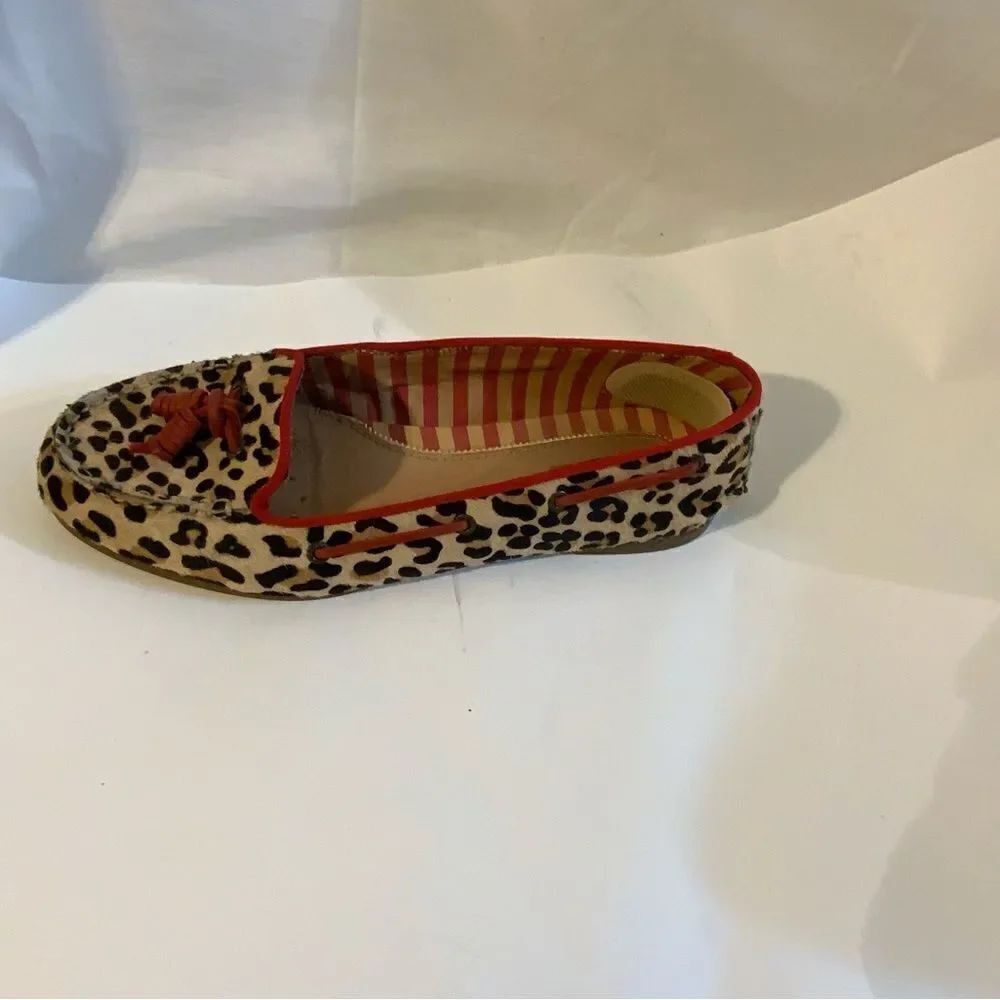 SPERRY Top Siders Westwood Leopard Pony 8 M Cheetah Print Red Tassels Pony Hair